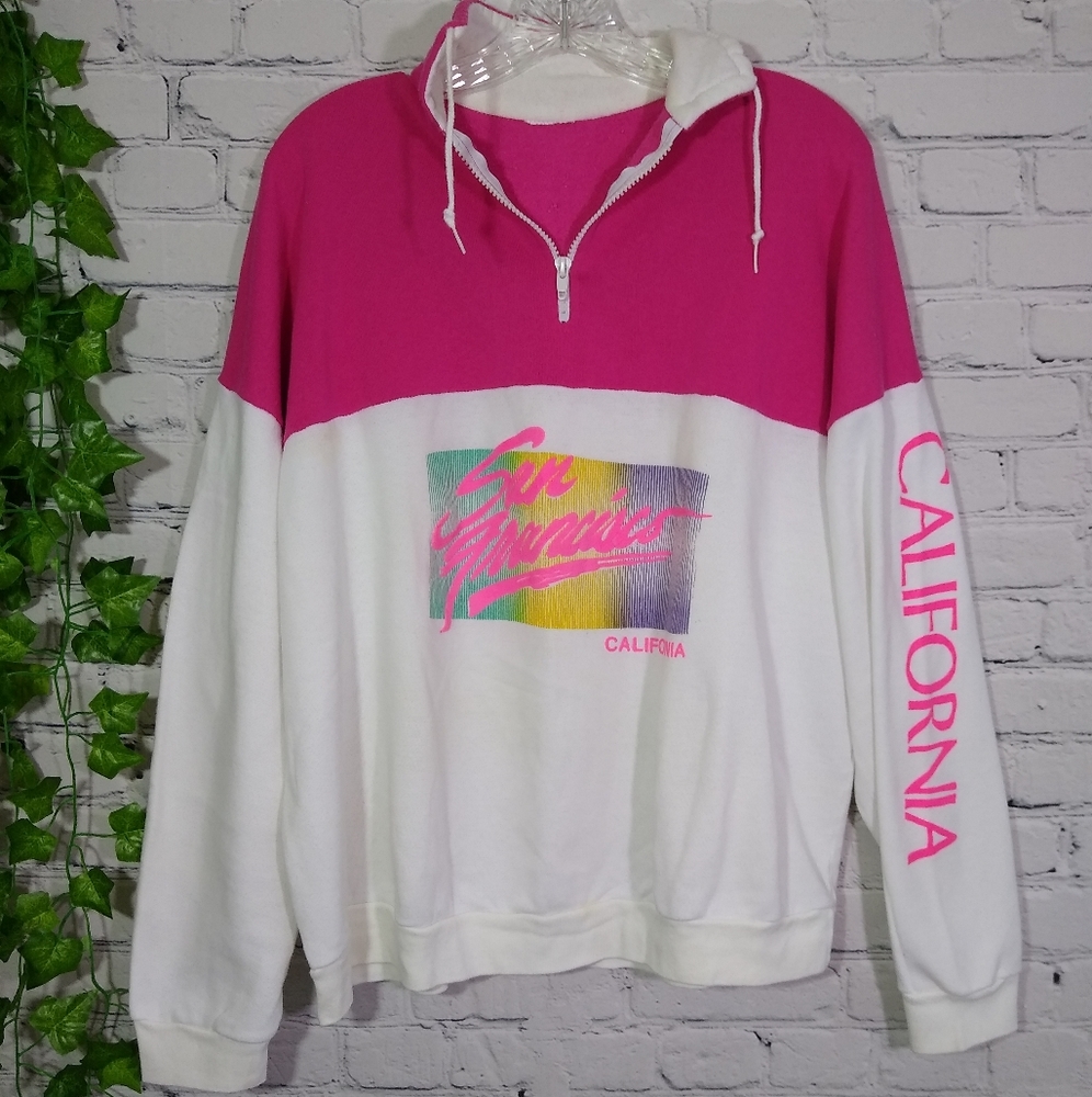 Two-Tone Pink and White Quarter-Zip Pullover Sweater - California Graphic